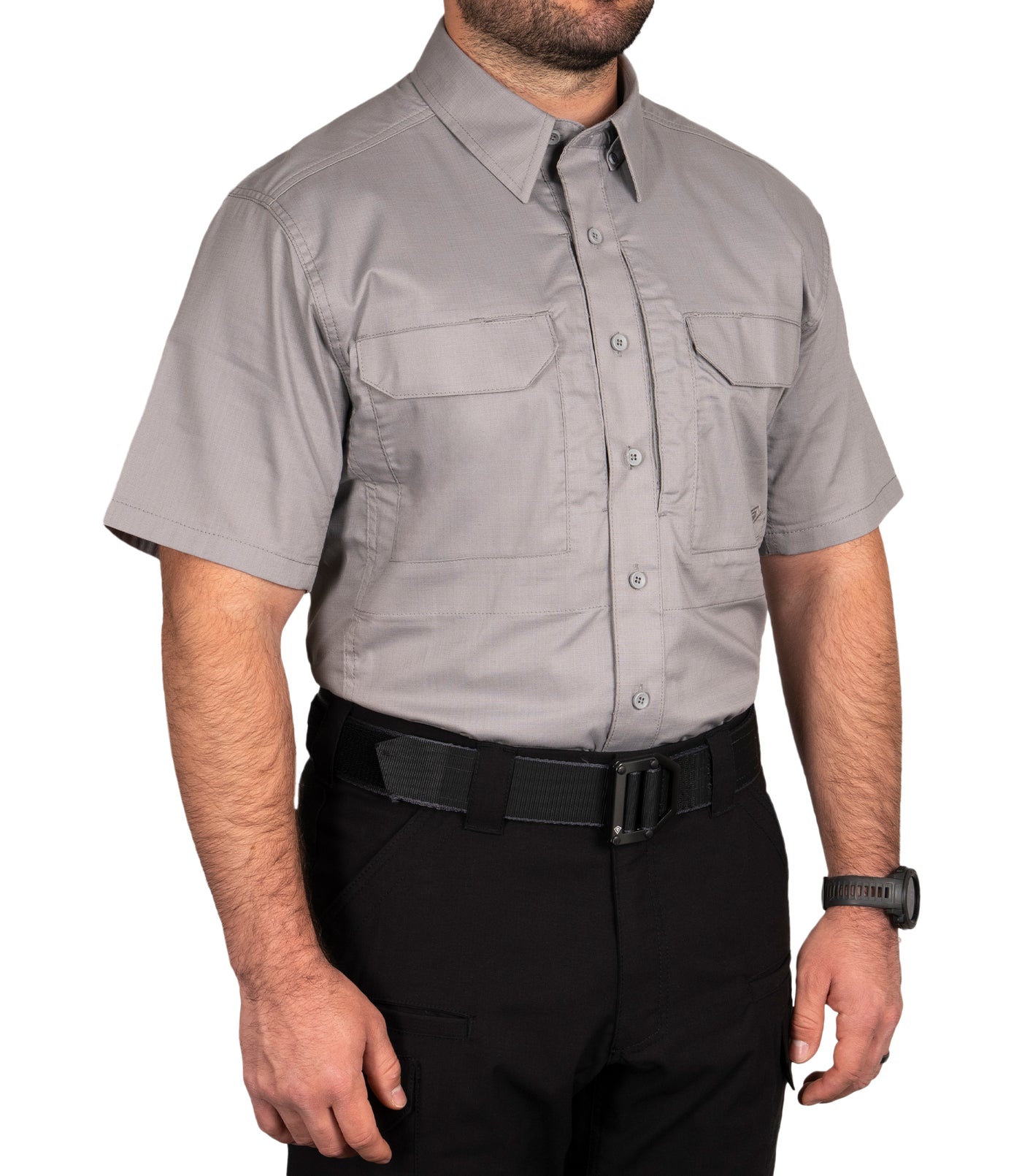 Front 1/4 of Men's V2 Tactical Short Sleeve Shirt in Nickel Grey