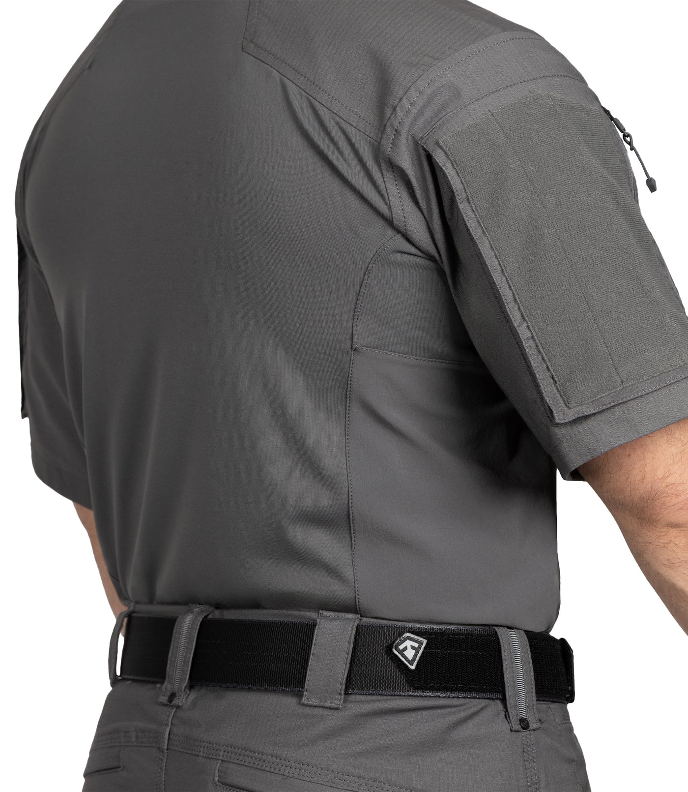 Full Running Gusset of Men's Defender Short Sleeve Shirt in Wolf Grey