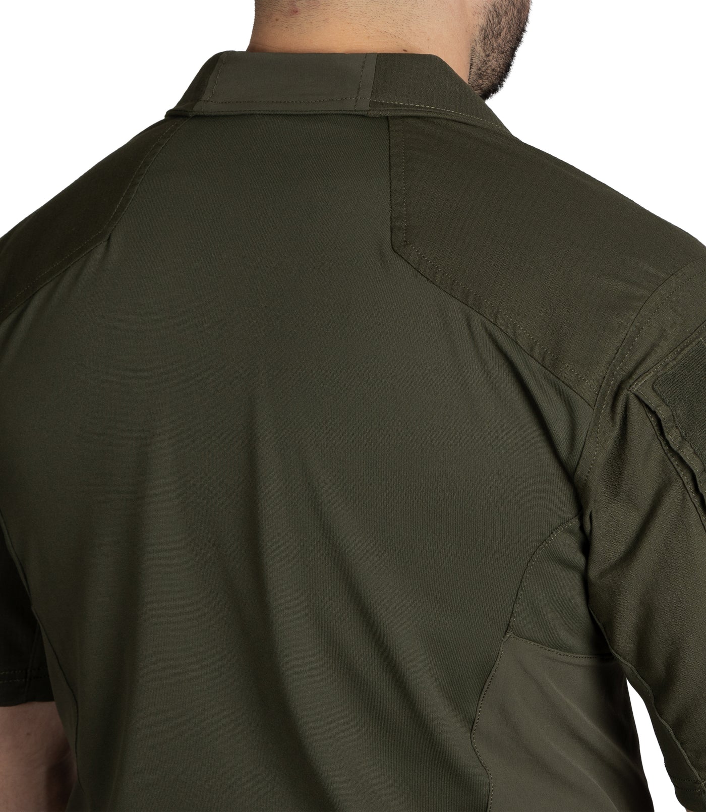 Close Up of Split Yoke on Defender Short Sleeve Shirt in OD Green