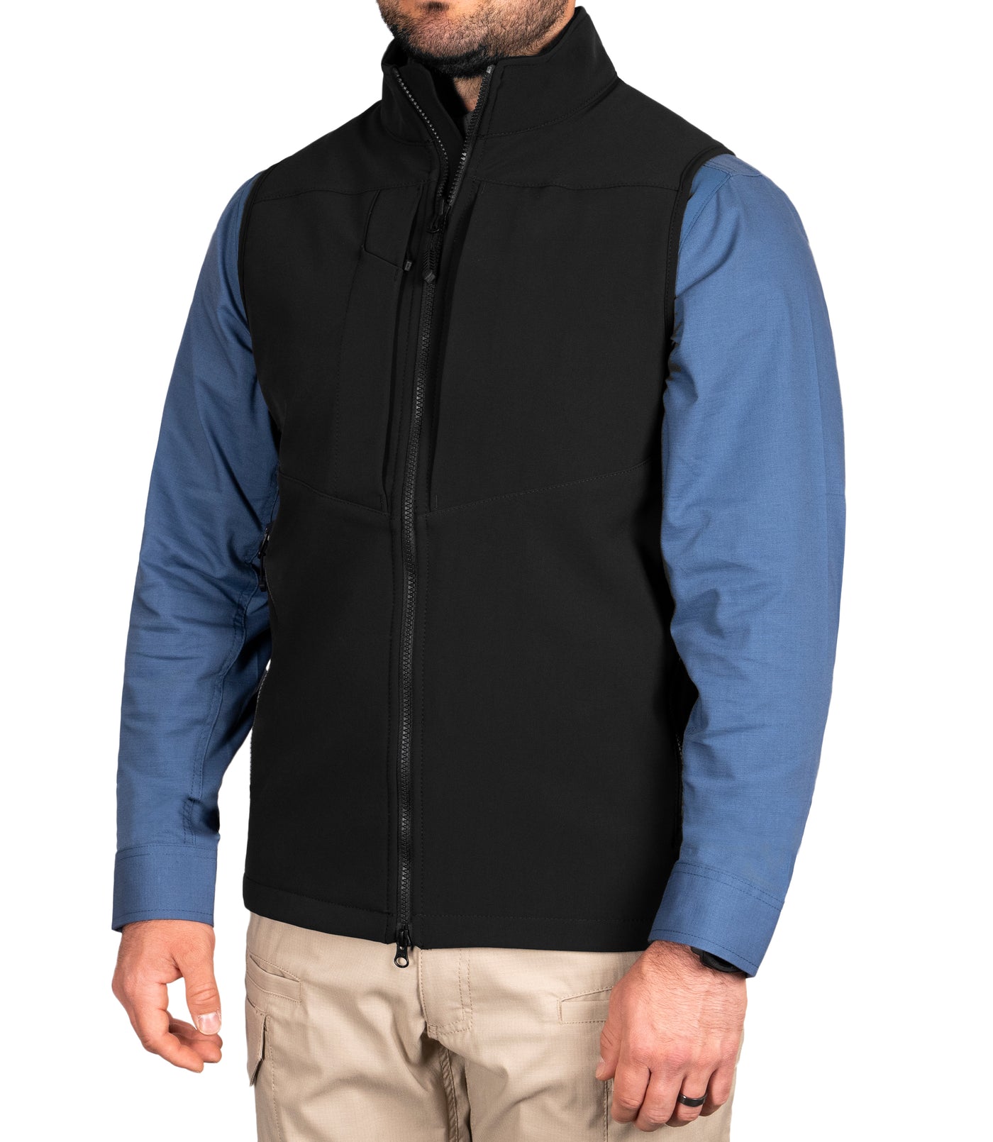 Front 1/4 of Men's Tactix Softshell Vest in Black