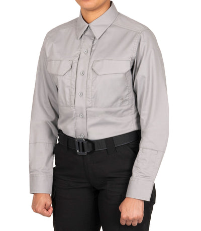 Front 1/4 of Women's V2 Tactical Long Sleeve Shirt in Nickel Grey