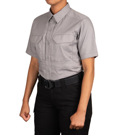 Front 1/4 of Women's V2 Tactical Short Sleeve Shirt in Nickel Grey