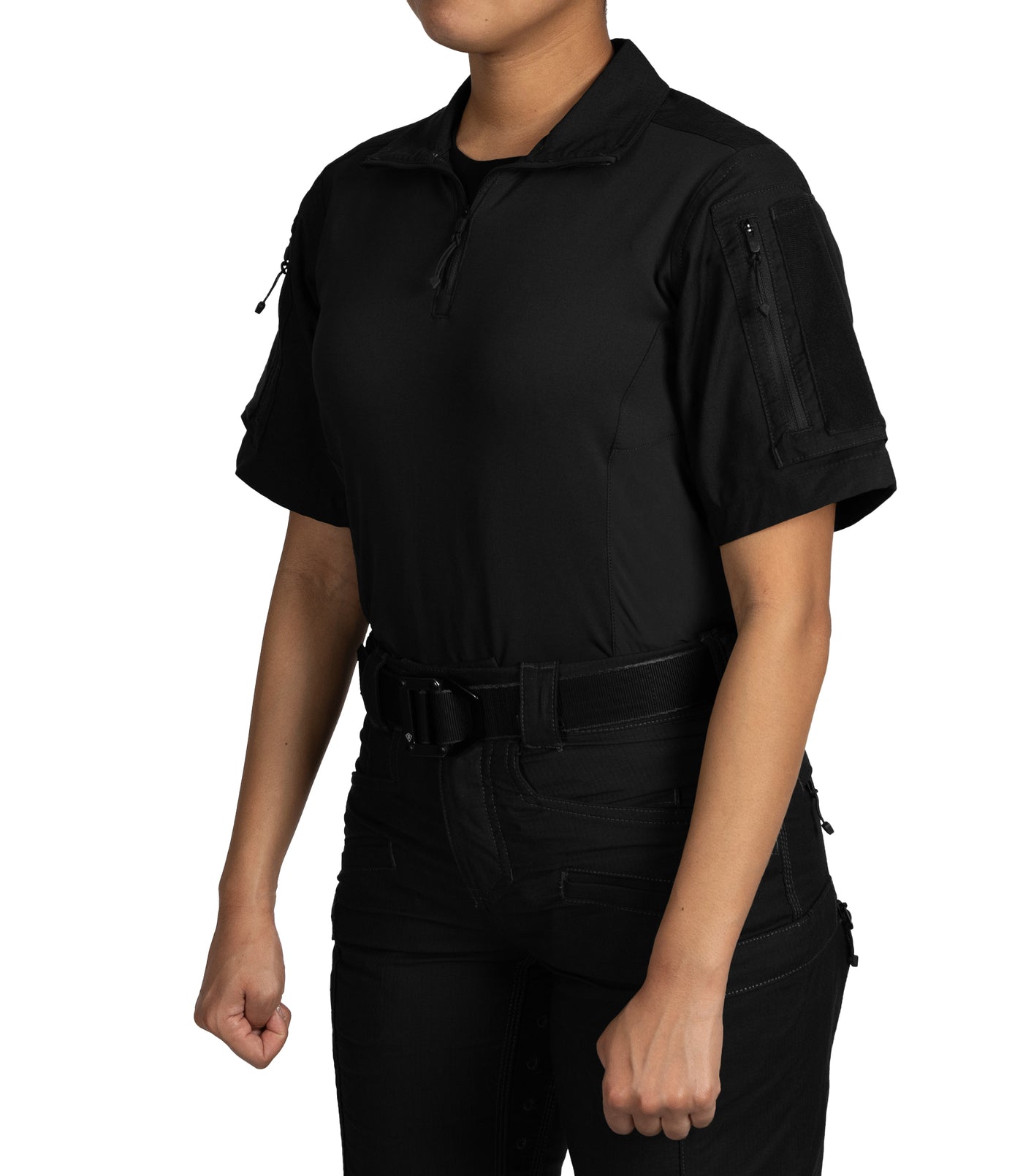 Front Side of Women's Defender Short Sleeve Shirt in Black